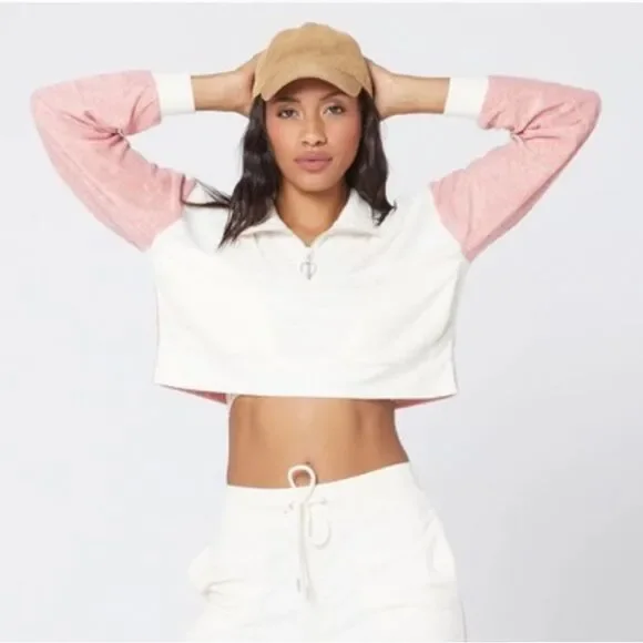 L*Space L Best Life Pullover‎ Pink Cream Terry Sweatshirt Sporty Colorblock New - Picture 9 of 12